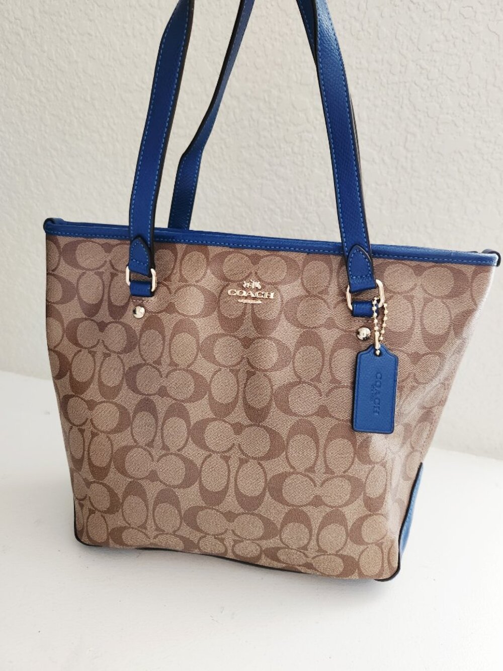 Euc Coach Zip Top Khaki & Blue Leather Shoulder Bag Purse